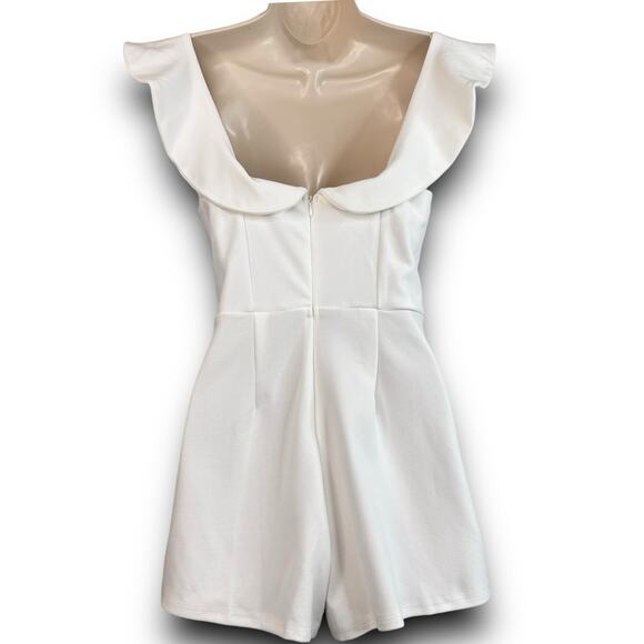 LUXXEL White Ruffle Romper One Piece Shorts Outfit Jumper Flutter Sleeves Small - Picture 5 of 8